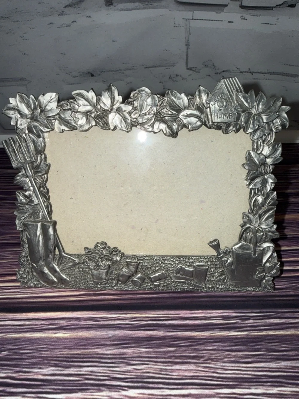 Perfect Art Nouveau Pewter Garden Theme Silver Photo Frame. Watering Can Flowers